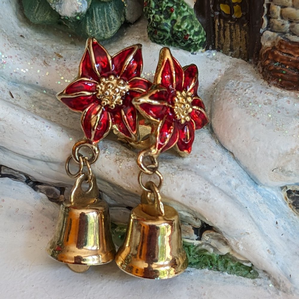 Dainty Christmas Clip On Earrings Bell Hangs From Enamel Painted Poinsettia
